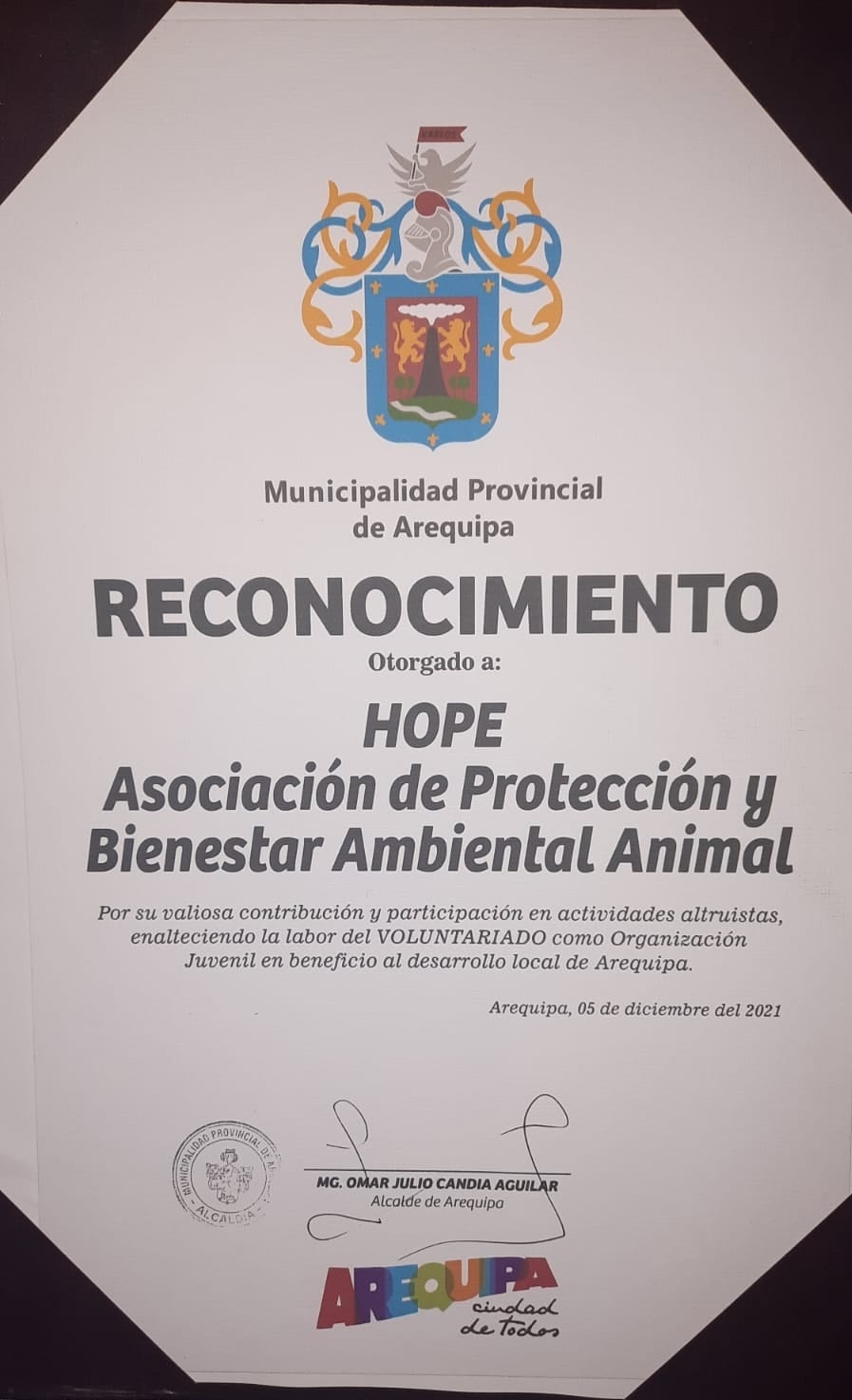 Reconocimiento de la Municipalidad de Arequipa 2021