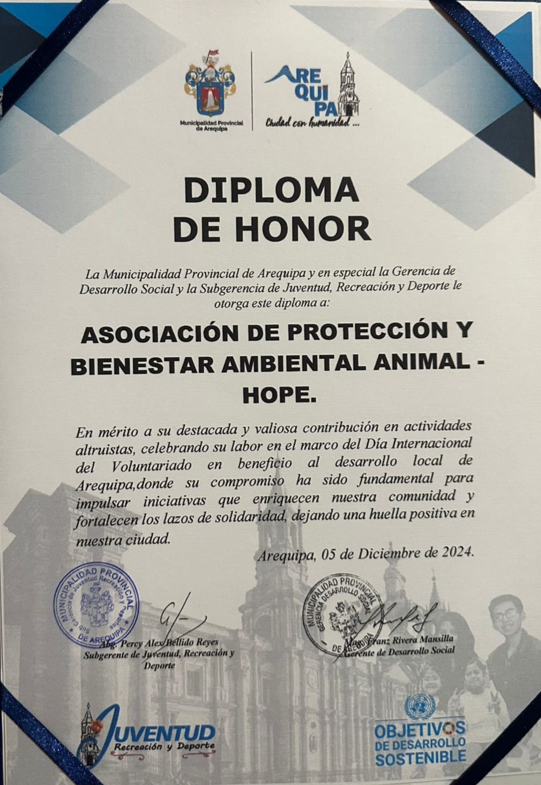 Diploma de Honor de la Municipalidad de Arequipa